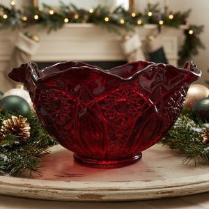 MINT Vintage Indiana Glass Heirloom Sunset Red 25 cm djup skål Kadmium UV Glöd