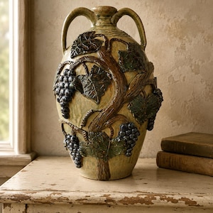 May include: A ceramic amphora-style vase with a light tan base color, featuring raised relief decorations of dark green grape leaves and clusters of dark blue grapes. The vessel has two curved handles and a narrow neck with a textured surface.