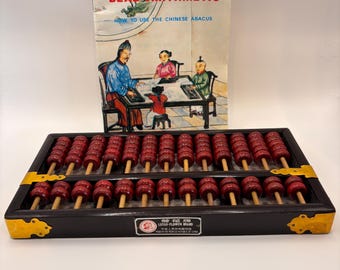 Vintage Lotus Blumen Abakus SET - 13 Stab Holz Suanpan mit Original Bead Arhythmetic Anleitung Booklet - Mid Century Mathe Dekor