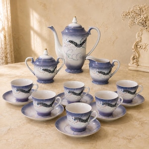 Vintage Japanese Blue Dragonware Tea Set, Pristine 17pc Moriage Service for 6, Hidden Geisha Lithophane Cups, Flawless Collectible Porcelain