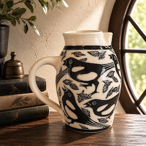 May include: A cream-colored ceramic pitcher featuring a hand-painted black graphic pattern of multiple birds and scattered leaves. The vessel has a wide handle, a flared rim with a pouring spout, and a smooth, glossy finish over the detailed artwork.
