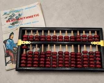 Vintage Lotus Blumen Abakus SET - 13 Stab Holz Suanpan mit Original Bead Arhythmetic Anleitung Booklet - Mid Century Mathe Dekor