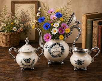 Vintage Silver Plate Tea Set – Cottagecore with Butterfly & Insect Motif – Handmade Upcycled Kitchen Decor