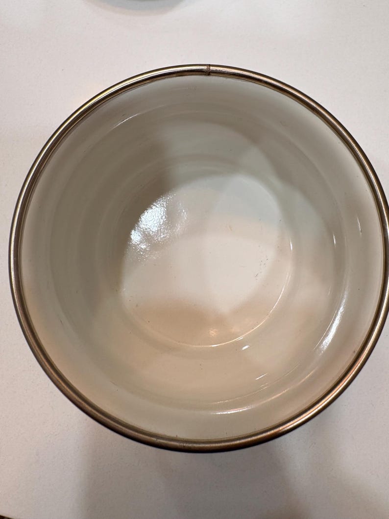 May include: A white bowl with a metallic rim. The bowl has a smooth, glossy interior and a slightly off-white colour. The rim is a thin band of metal, adding a touch of elegance to the simple design. The bowl is empty.