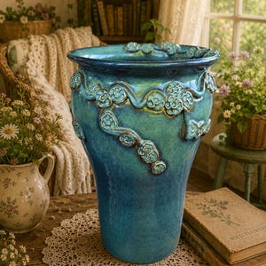 Hand Thrown Studio Pottery • Blue Teal Floral Relief Planter Urn