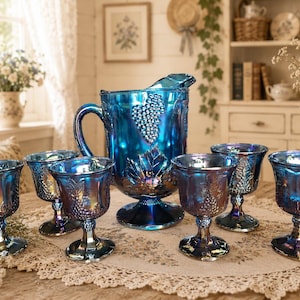 Blue Carnival Glass Pitcher - Etsy