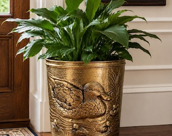 Vintage Brass Cachepot, Embossed Duck Waterfowl Planter, English Sporting Lodge Decor
