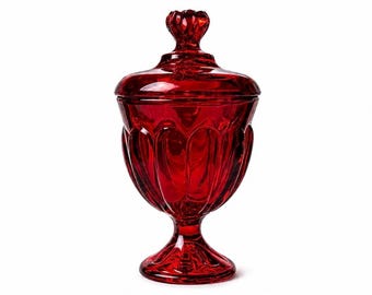 Viking Glass Ruby Red Candy Dish w/ Lid | Epic 6 Petal Compote Pedestal Jar