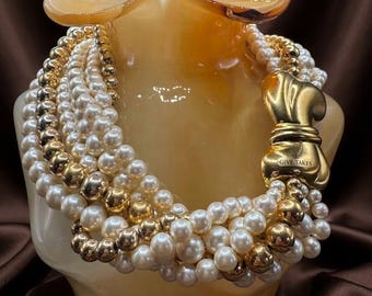 Vintage gesigneerde Napier 7-strengs nepparel en gouden kralenketting • jaren 80 statement torsadekraag • dikke gepolijste striksluiting Runway chic