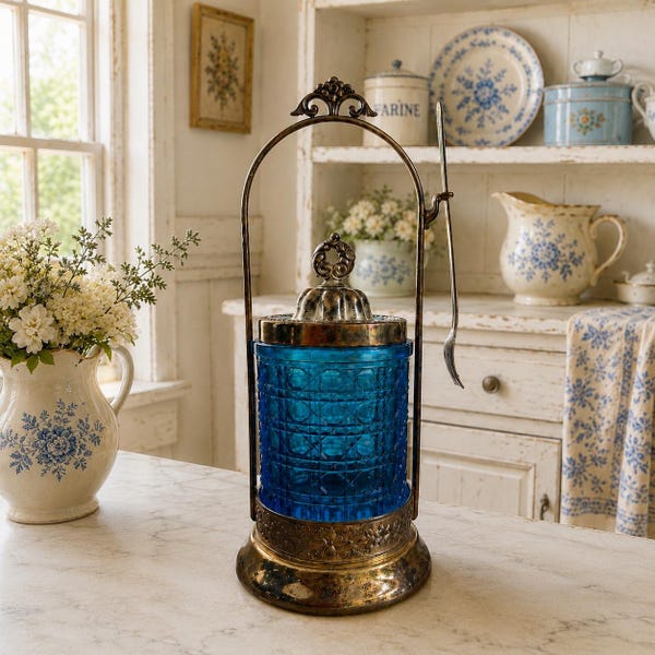 Victorian Blue Cane Pattern Pickle Castor - Wilcox Stand & Madison Tongs (Glowing Art Glass)