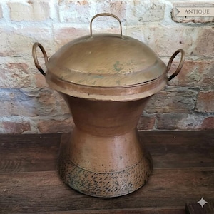 Large Antique Indonesian Copper Dandang Rice Steamer Pot with Lid and Strainer Plate, Primitive Hammered Copper Floor Vase Hearth Decor 18"