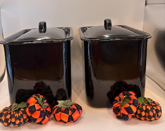 Vintage Black Enamel Rectangular Canisters - Pair of Minimalist Apothecary Storage Bins, Industrial Cottage Kitchen Decor