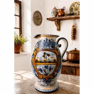 May include: A ceramic pitcher featuring a white base with hand-painted blue and yellow floral and scroll motifs. The central medallion depicts a landscape with two small animals and a tree. The base is inscribed with the text AD 1615.
