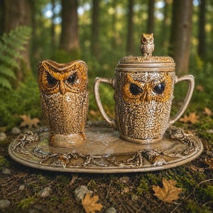 May include: A ceramic owl-themed tea set featuring a mug with a lid, a tumbler, and a serving tray. The set is primarily brown with yellow and black accents, and is set against a forest backdrop. The mug has two handles and a small owl on the lid.
