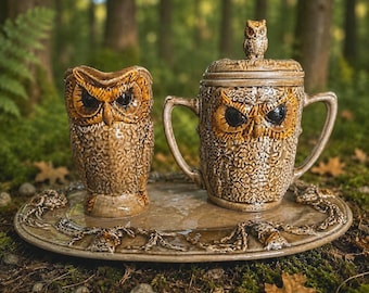 Vintage 1970s Owl Cream and Sugar Set with Tray | Woodland Ceramic Serving Set