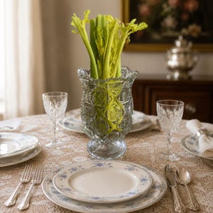 May include: A clear, cut-glass vase with a scalloped rim and geometric patterns holds several stalks of fresh, light green celery. The vase sits on a table set with white plates featuring blue floral borders, crystal wine glasses, and silverware.