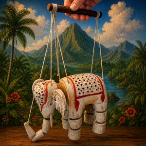 May include: A wooden elephant marionette puppet suspended by white strings from a dark brown horizontal control bar. The elephant is painted white with red trim and a pattern of black and red dots on its head and back, featuring articulated limbs.