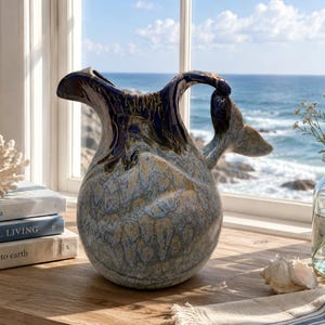 May include: A ceramic pitcher featuring a whale tail handle and a rounded body with a mottled blue, grey, and white glaze. The top rim is finished in a deep, glossy navy blue, and the handle is shaped like a whale fluke extending from the side.