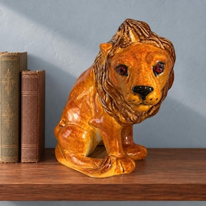 Vintage Bellini Italian Pottery Lion Figurine Mid Century Ceramic Amber Animal Statue 1960s