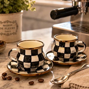 MacKenzie-Childs Courtly Check Enamel Espresso Cups and Saucers Set of Two image 1