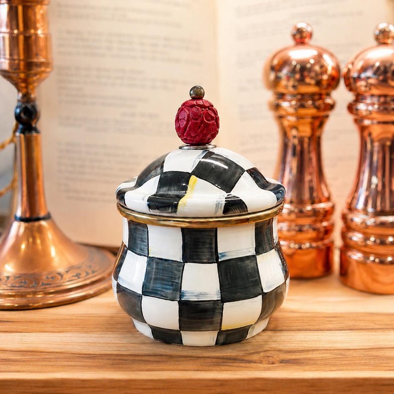 Mackenzie Childs Courtly Check Lidded 10 oz Sugar Bowl Enamelware Squash Pot Mint Condition image 1