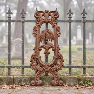 May include: A vertical, rectangular cast iron fence panel featuring a rusted, weathered finish. The frame is decorated with ornate scrollwork and floral motifs, surrounding a central relief depicting a weeping willow tree and a resting lamb.