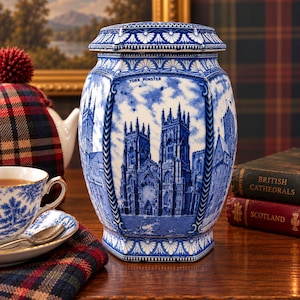 May include: A hexagonal ceramic jar with a lid, featuring a blue and white transferware pattern depicting York Minster. The vessel has decorative border motifs at the top and bottom, with the text York Minster printed clearly on the front surface.