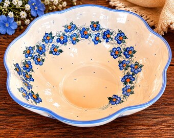 Pools aardewerk - Unikat-schaal van Cer-Raf Polen, handgeschilderde blauwe serveerschaal met wilde bloemen 10"