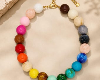 20MM Chunky Resin Bead Necklace, Blue Teal Marble Statement Choker, Adjustable Boho Jewelry