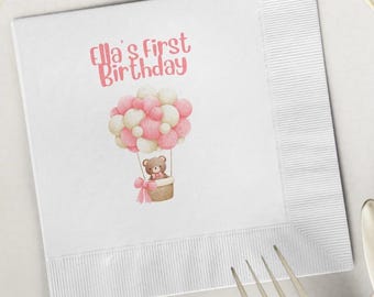 Personalized Teddy Bear First Birthday Napkins – Baby Girl Party Supplies
