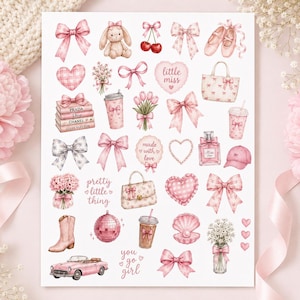May include: A sticker sheet featuring various pink-themed illustrations including bows, a bunny, ballet slippers, a handbag, a stack of books labeled Prada, Dior, Chanel, and Louis Vuitton, a perfume bottle, a disco ball, a pink car, and text.