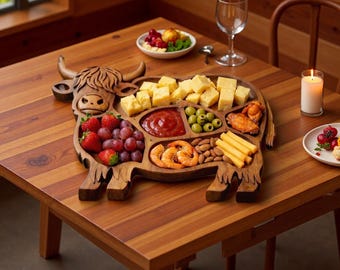 Tábua de servir rústica com vaca das Terras Altas, bandeja de charcutaria de madeira, travessa para petiscos estilo fazenda, tábua de queijos, decoração para bancada de cozinha, bandeja para servir em festas