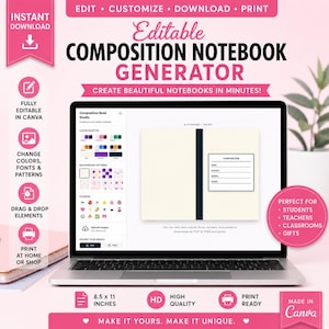 May include: A digital interface for an editable composition notebook generator displayed on a laptop screen. The screen shows design tools, color palettes, and a preview of a notebook cover with a label for name, subject, school, and grade.