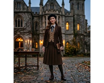Vintage Dark Academia Women’s 3 Piece Suit Set, Victorian Inspired Brown Blazer Vest & Pleated Midi Skirt Outfit, Gothic Preppy Aesthetic