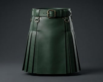 Falda escocesa de cuero verde oscuro hecha a mano para hombre, falda escocesa utilitaria gótica, falda escocesa de cuero plisado estilo escocés con cinturón, falda escocesa a medida para la cintura.
