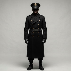 Op de afbeelding: Een zwarte double-breasted wollen overjas met goudkleurige knopen, een bijpassende riem en gestructureerde revers. Het ensemble bevat een zwarte militaire pet met een gouden embleem, zwarte leren handschoenen en zwarte gevechtslaarzen.