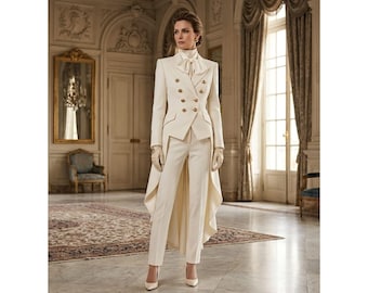 Luxury Women Ivory Tailcoat Suit, Victorian Inspired Formal Blazer Set, Elegant White Tuxedo Outfit, Bridal Reception Pantsuit