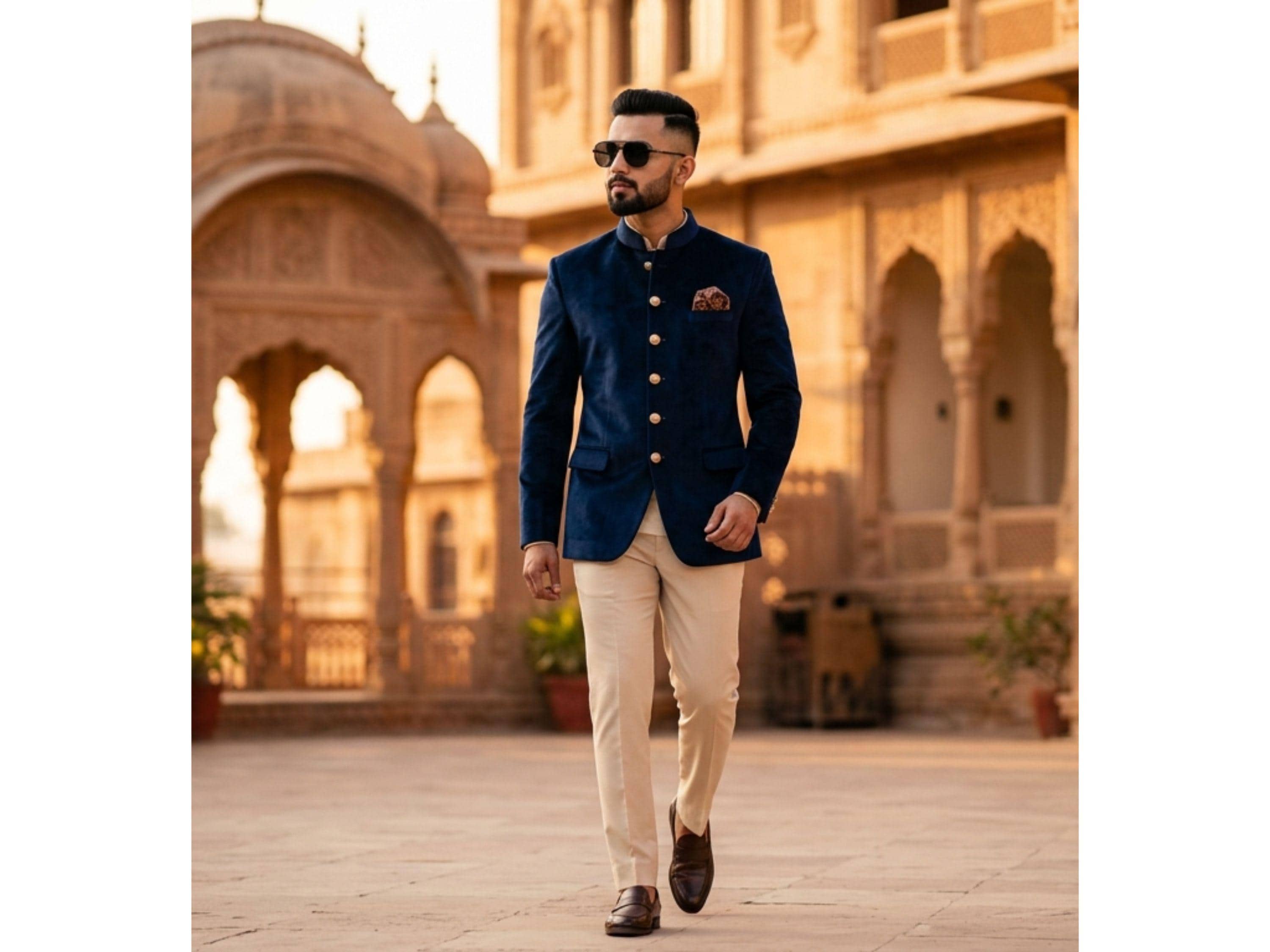 Royal Navy Blue Velvet Bandhgala Blazer for Men - Luxury Maharaja Wedding Party Jacket, Indian Groom Formal Prince Coat