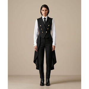 Lyxig damkostym med frack, svart formell västkavaj, uniform i viktoriansk stil, elegant slim fit-outfit