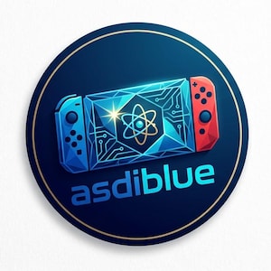 K&ouml;nnte beinhalten: Ein blau-rotes Videospiel-Controller-Design mit einem leuchtenden Atomsymbol auf einem dunkelblauen Hintergrund. Der Text "asdiblue" befindet sich am unteren Rand des Bildes, innerhalb eines kreisf&ouml;rmigen Rahmens.