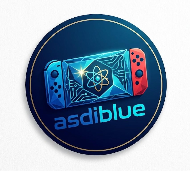 K&ouml;nnte beinhalten: Ein blau-rotes Videospiel-Controller-Design mit einem leuchtenden Atomsymbol auf einem dunkelblauen Hintergrund. Der Text "asdiblue" befindet sich am unteren Rand des Bildes, innerhalb eines kreisf&ouml;rmigen Rahmens.