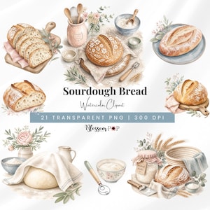 May include: A collection of watercolor illustrations featuring sourdough bread loaves, dough covered with a cloth, mixing bowls, kitchen utensils, and floral accents. The text reads Sourdough Bread Watercolor Clipart 21 TRANSPARENT PNG 300 DPI BlossomPOP.