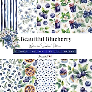 May include: A collection of watercolor seamless patterns featuring blueberries, flowers, and other botanical elements. The patterns include stripes, floral designs, and polka dots. The text "Beautiful Blueberry Watercolor Seamless Pattern" is displayed.