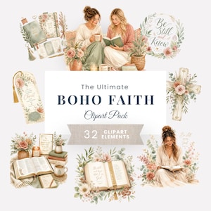 Boho-Glaubens-Aquarell-Cliparts, christliche Grafiken und Bibeltypografie für Einladungen, Papierbasteln, Scrapbooking, Tagebücher und digitale Planer