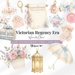 May include: Watercolor clipart set with a Victorian Regency Era theme. The image features a variety of items, including a chandelier, mirror, scroll, perfume bottle, teapot, gloves, and an umbrella. The text "Victorian Regency Era Watercolor Clipart" is displayed.