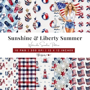 Sunshine & Liberty Sommer Aquarell Muster, USA250 Stoff-Design, Junk Journal sich wiederholendes Muster, Scrapbooking Papiere