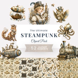Clipart steampunk ad acquerello, grafica fantasy vittoriana, creazioni in carta con ingranaggi meccanici, scrapbooking vintage in stile junk journal e con orologi.