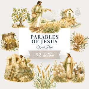 Op de afbeelding: Een digitale collectie illustraties getiteld Parables of Jesus Clipart Pack met 32 clipart-elementen. De afbeeldingen tonen scènes met Jezus, een vijgenboom, een huis op een rots, een schatkist, korenaren en schapen met geiten.