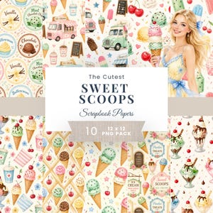 Sweet Scroops Ice Cream Watercolor Papers, Cute Food Truck Graphics for Junk Journal, Scrapbooking, & Invitation Designs