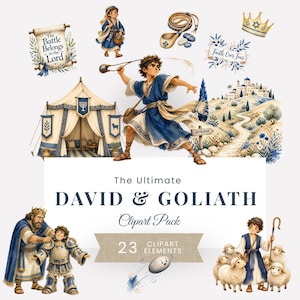 David & Goliath Watercolor Clipart, Bible Graphics for Nursery Decor, Party Invitations, Sunday School Paper Crafts, and Scrapbooking